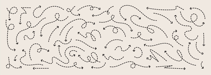 Set of hand drawn arrow icons in a simple flat style. Includes various arrow shapes and painted marks, perfect for infographics, notes, or creative projects.