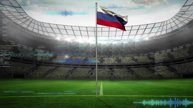 Russian flagpole flying over stadium, featuring soccer pitch, digital code and sound-wave overlay - Powered by Adobe