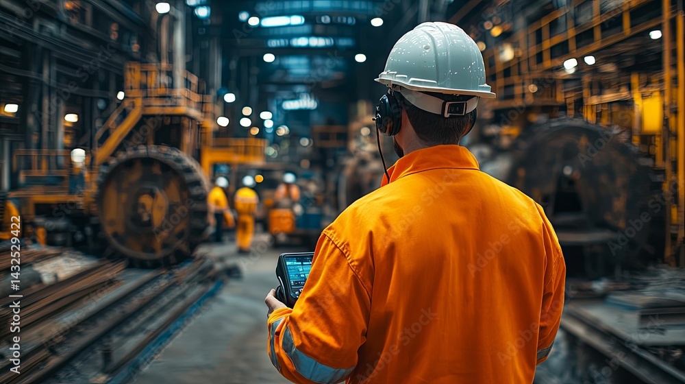Poster industrial worker operating a device in a large factory.