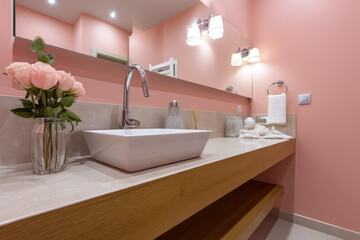 Contemporary Bathroom with Pink Walls, Floating Vanity, and Recessed Lighting Creating a Modern, Elegant Design