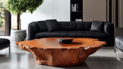 Modern living room with a unique wooden coffee table