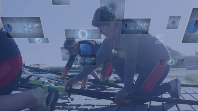 Rowing crew kneeling adjusting shell riggers while technology overlays showing charts and code