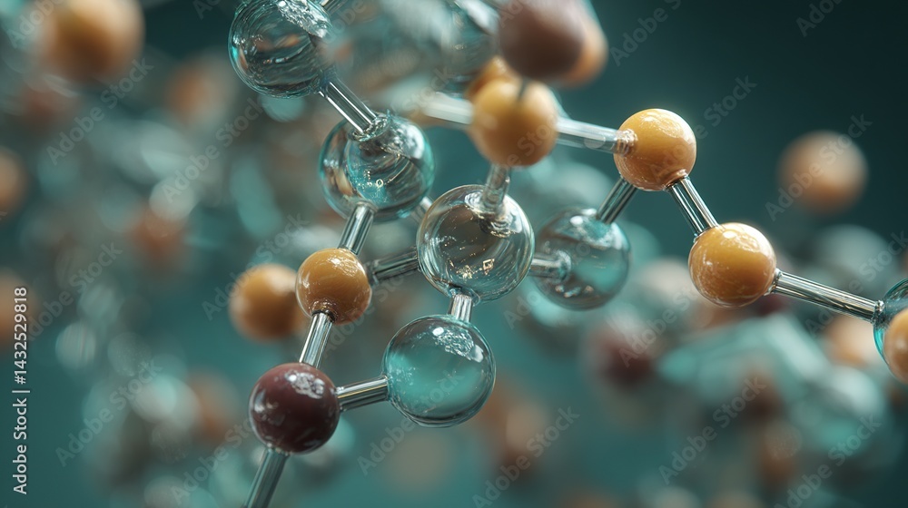 Poster complex molecular structure with translucent and colored atoms.