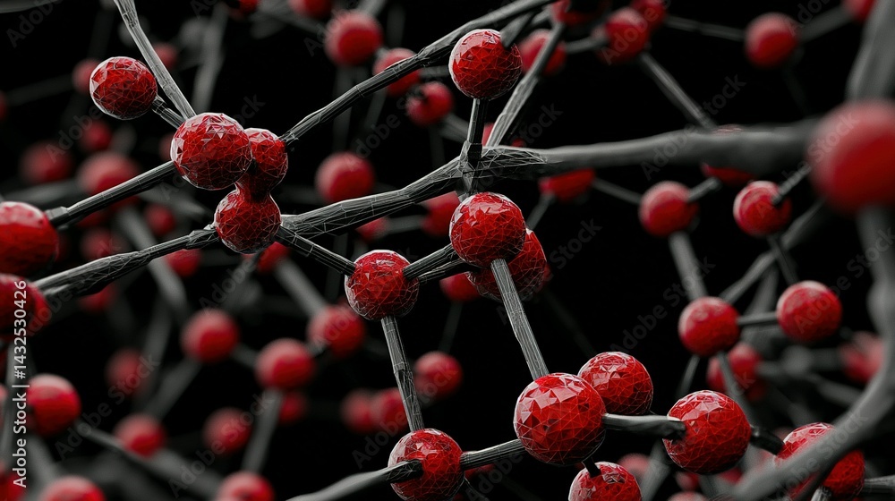 Poster close-up view of a complex network of dark branches and bright red spheres.