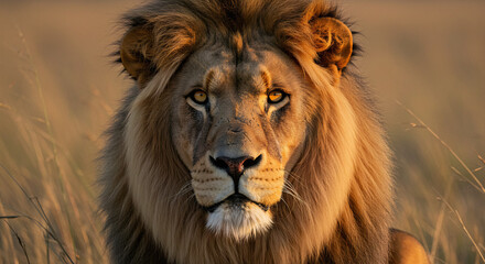 Close-Up of a Majestic Male Lion Staring Intently in the African Savanna at Sunset