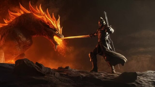 A man is holding a sword and standing in front of a dragon