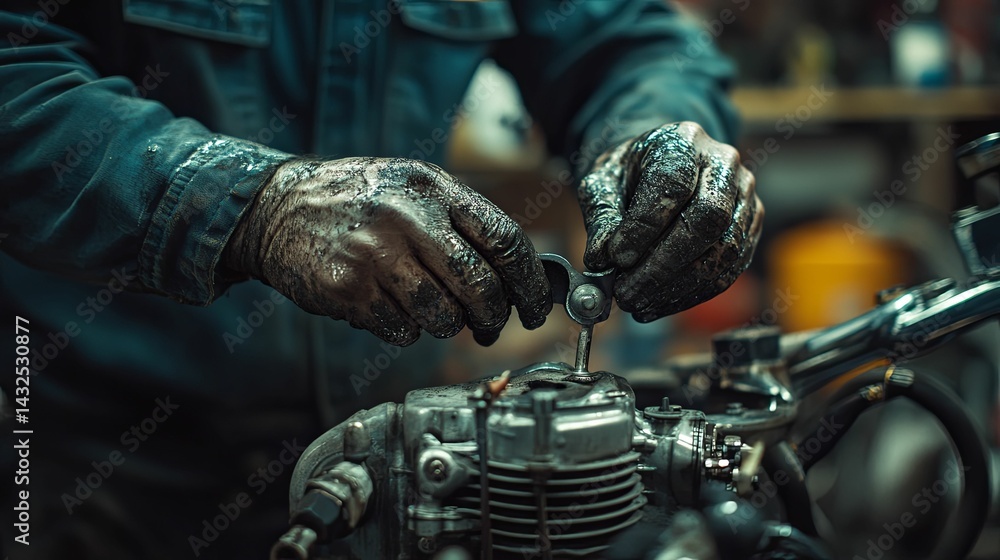 Poster close-up view of soiled hands working on a motorcycle engine.