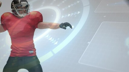 quarterback launching football indoors, showing sports tech HUD with circular graphs and arrows - Powered by Adobe