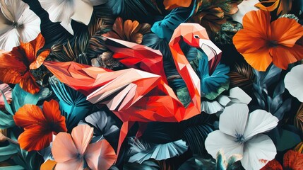 Geometric flamingo amidst tropical flowers