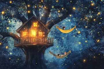 A glowing treehouse in the forest canopy, kids sleeping in hammocks, stars above, pastel and watercolor blend