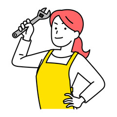 モンキーレンチを構えるエプロン姿の女性