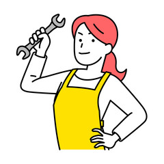 スパナを構えるエプロン姿の女性