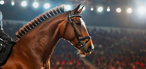 Close-up of a brown horse with a black mane and bridle, standing in front of a crowd at an outdoor soccer stadium. The crowd is blurred in the background.