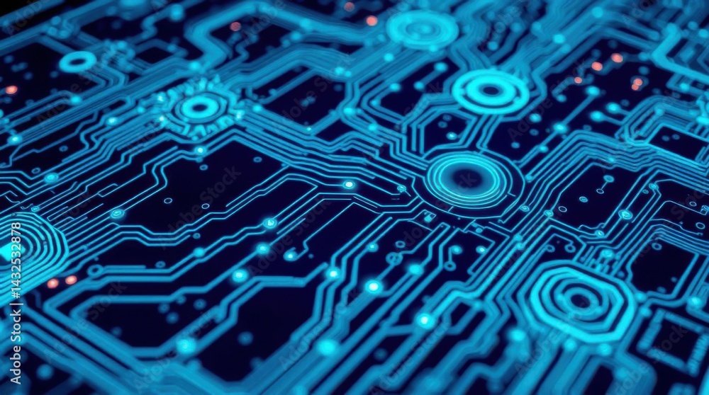 Poster futuristic circuit board design displays advanced technology and innovation
