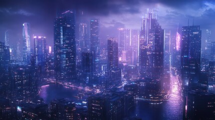 Futuristic cityscape illuminated with vibrant blue and purple lights at night