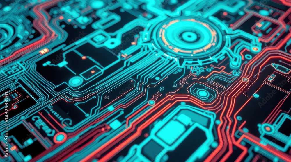 Aufkleber Futuristic circuit board design with glowing neon lines and patterns