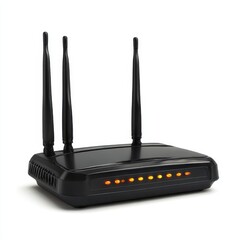 Black wireless router with antennas on white background