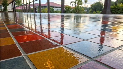 Obraz premium A texture featuring glossy ceramic tiles with subtle reflections, adding a sleek and modern touch. Ideal for interior design projects, bathroom and kitchen visuals, and architectural renderings.