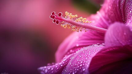 Close-up of a vibrant pink hibiscus covered in morning dew.