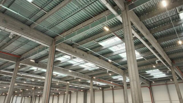 Footage of big empty room for keeping things with high roof. No people. Big building. Inside. Space with modern ceiling. Logistics center indoors. Large open area. No one