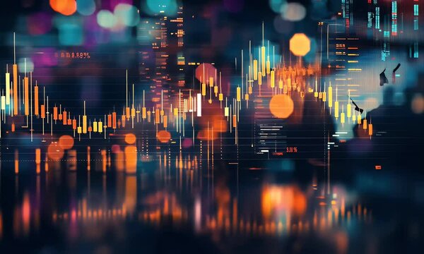  A stock market chart with candlestick charts, displaying red and green candles on a black background. The focus is on the dynamic nature of financial trading data.