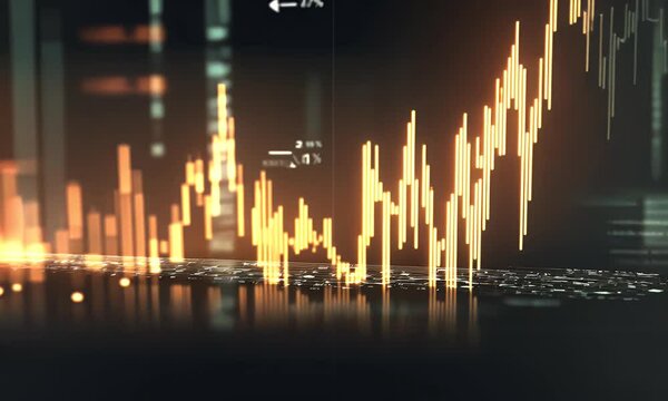  A stock market chart with candlestick charts, displaying red and green candles on a black background. The focus is on the dynamic nature of financial trading data.