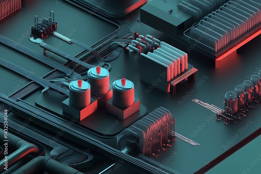 Poster futuristic electronic circuit board with microprocessors and cables system design