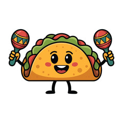 Cartoon chef taco character holding maracas,  in a fun kids illustration with playful elements