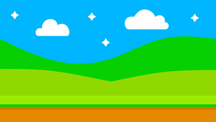 Fototapeta premium Minimalist Cartoon Landscape with Hills and Clouds. Simple cartoon-style landscape with green hills, white clouds, and blue sky. Perfect for children, games, or cheerful designs.