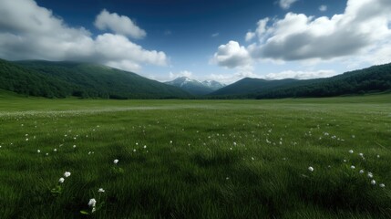 Lush meadow,  mountains, and clouds. Wide, green expanse of meadow filled with small, white flowers. Rolling hills and distant mountain range rise in the background under a partly cloudy sky