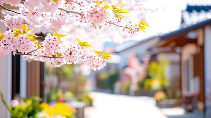 Fototapeta premium Pink Cherry Blossoms on Branches in a Japanese Village