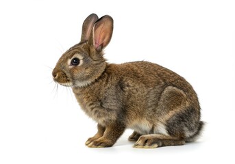 Obraz premium A brown rabbit sitting upright on a white background with its ears perked up and looking to the left