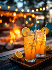 Tall Citrus Cocktails by the Firepit with String Lights