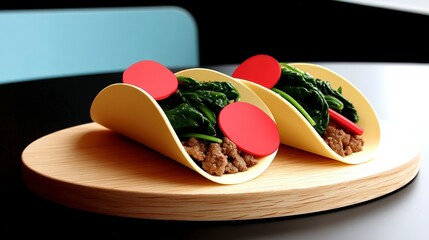 Delicious Ground Beef   Spinach Tacos on Wooden Board