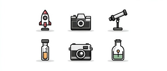 Fototapeta premium Science Icons Rocket Camera Telescope Lab Equipment Illustrations