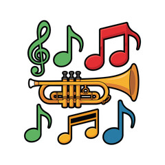 A gold brass saxophone, a jazz instrument, sings a musical melody with flowing notes, an artistic illustration of sound