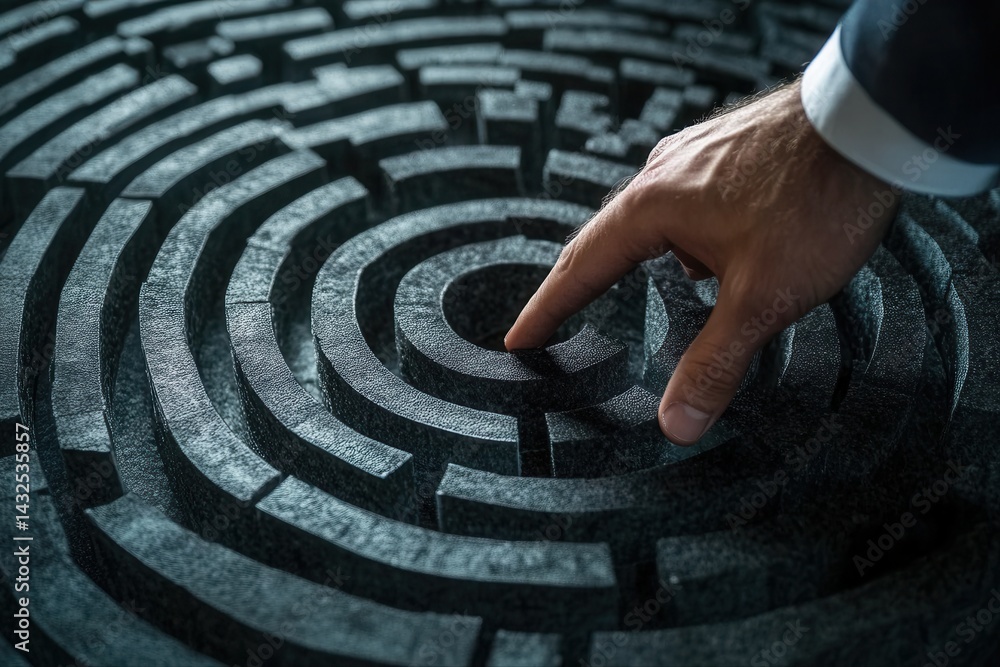 Poster a business professional navigating a complex maze with a focused hand gesture in a dark setting