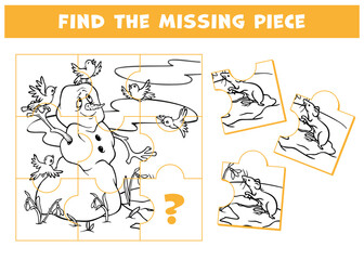 Find the missing puzzle piece. Educational game for kid with melting snowman, spring primroses and flying around birds. Choose correct element. Finish the picture. Attention task for school readiness