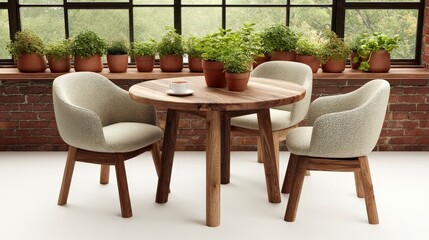Obraz premium Round Wooden Dining Table with Upholstered Chairs Minimalist Home Interior Design