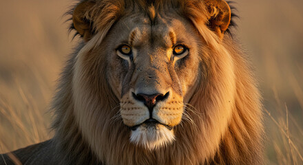 Fototapeta premium Close-Up of a Majestic Male Lion Staring Intently in the African Savanna at Sunset
