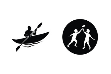 Black And White Vector Illustration Of Kayaking Man And Children Playing Catch