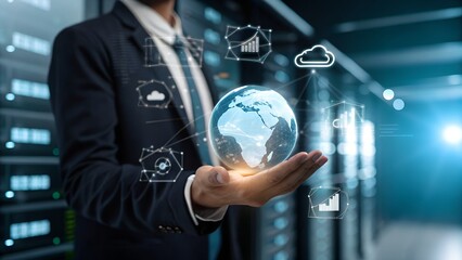 A businessman's hand uses future technology to touch a virtual button on a digital screen, representing global internet connection and business concepts on a world map