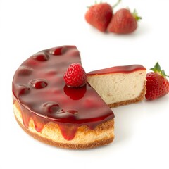 A delicious strawberry cheesecake with a glossy red glaze sits on a white background with fresh strawberries nearby.