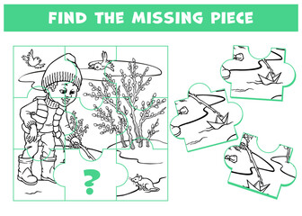 Obraz premium Logic game for children and adults with boy launching paper boat in stream. Page for kids brain teaser book. Task for attentiveness. Developing spatial thinking. Outline vector spring scenery