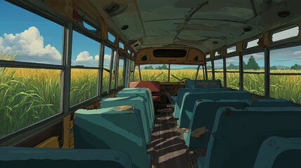Fototapeta premium Interior view of a weathered school bus, golden field visible through windows.