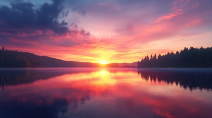 Obraz premium Serene Sunset: Vibrant Lake Reflecting Fiery Sky