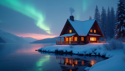 Snow covered House beside a River in the Mountains 