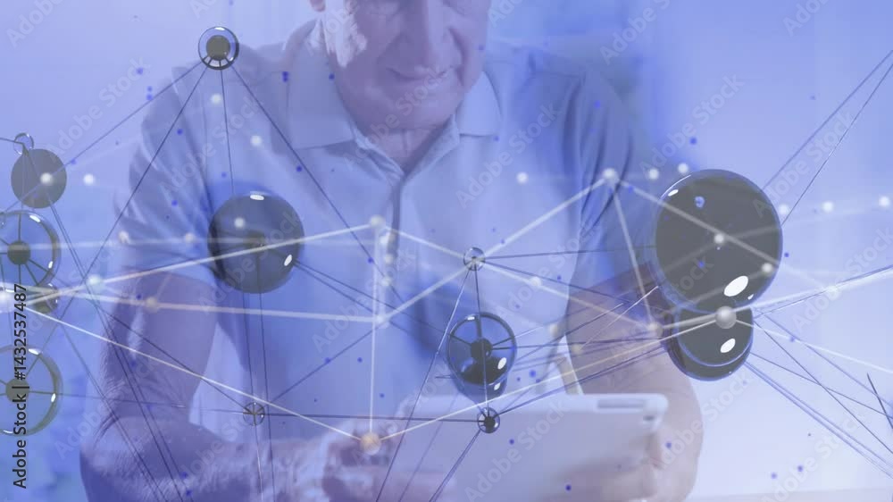 Aufkleber senior man tapping tablet, exploring technology network nodes and data lines for business growth