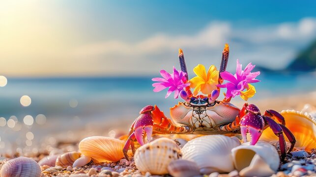 Brightly dressed crab in summer gear, soaking up the sun near tropical seashells on a golden beach