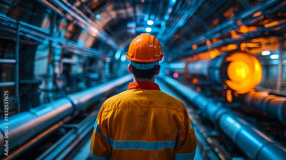 Poster industrial worker stands within a complex pipeline system.